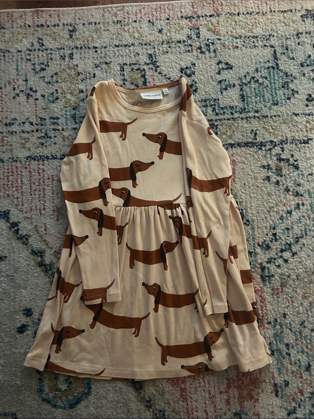 Mini Rodini Beige Dress with Brown Dachshund Print